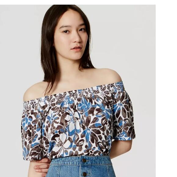 LOFT Tops - Women's LOFT Sunwashed Floral Off Shoulder Blouse Top Large Brown Blue